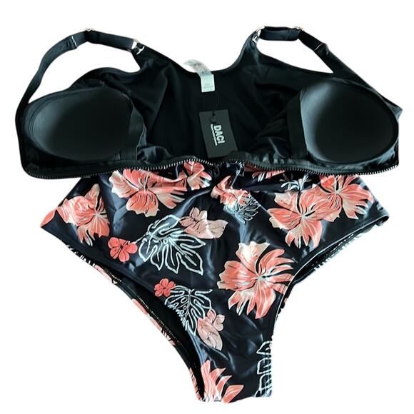Daci Black and Coral Floral Print One Piece Swimsuit with Front Zipper Woman 18W - Picture 2 of 10